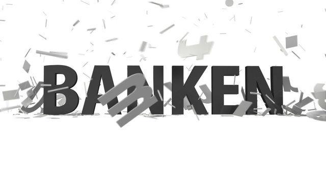 fallendes Wort "Banken" zertr&uuml;mmert "Demokratie"
