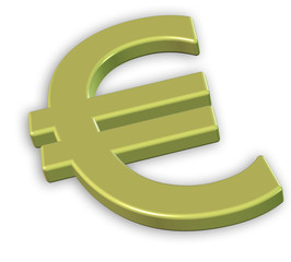 Euro sign in gold on a white isolated background.