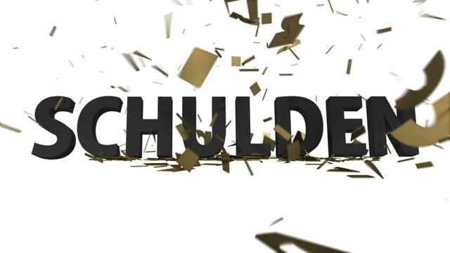 fallendes Wort "Schulden" zerschmettert goldenes "Europa"