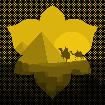 Pyramids and camel caravan in wild africa landscape illustration