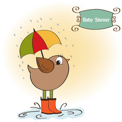 baby shower card with little bird stand in the rain