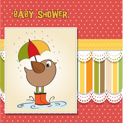 baby shower card with little bird stand in the rain
