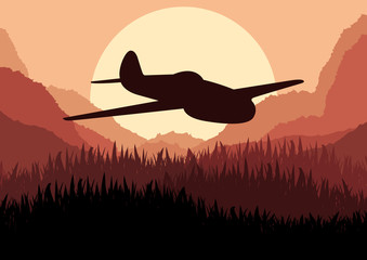 Airplane flying in wild nature landscape background illustration