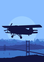 Airplane flying in Arabic city bridge landscape background