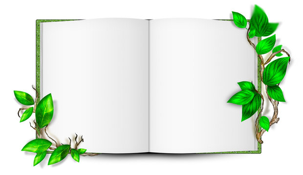 Illustration of simple blank book with leaves around it. Ecologi