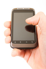 Mobile phone in hand on white background.