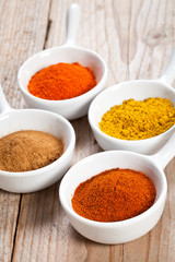 Assorted spicy powders in white bowls