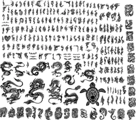 Abwaschbare Fototapete Karikaturzeichnung Iconic Dragons Tattoo Tribal Vector Set