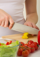Human hands cooking vegetables salad in kitchen