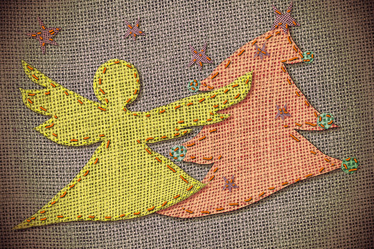 Patchwork Christmas greeting, angel and fir
