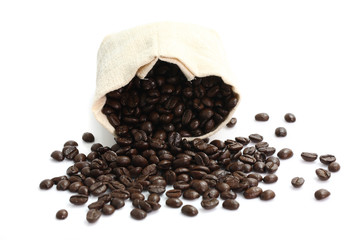 Coffee beans in canvas sack on white background
