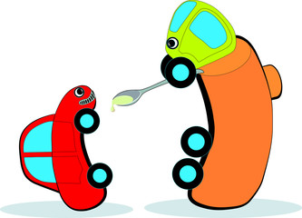 Gasoline tanker feeds small car with spoon