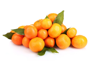 tangerines with leaves isolated on white