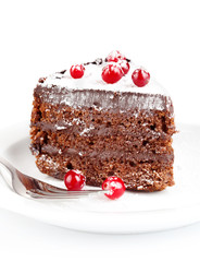 chocolate cake with berry isolated on white background