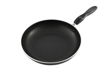 Black pan see from dish on white background.