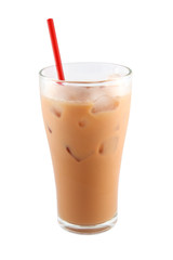 Ice milk tea with red straw on white background.
