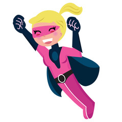 Vliegend roze schattig superheldmeisje dat op wit wordt geïsoleerd