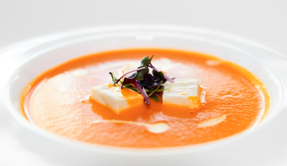 Gaspacho (cold summer soup) in porcelain plate