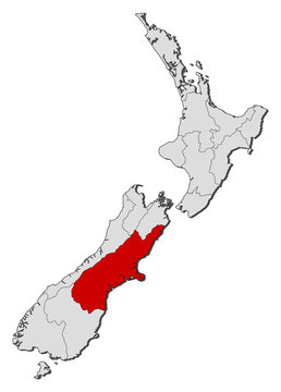 Map of New Zealand, Canterbury highlighted