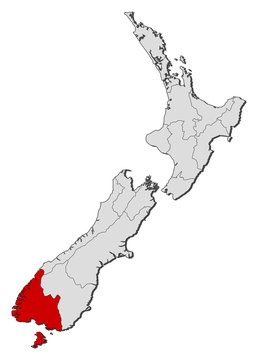 Map of New Zealand, Southland highlighted