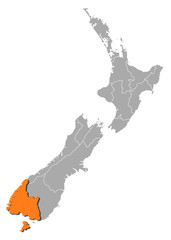 Map of New Zealand, Southland highlighted