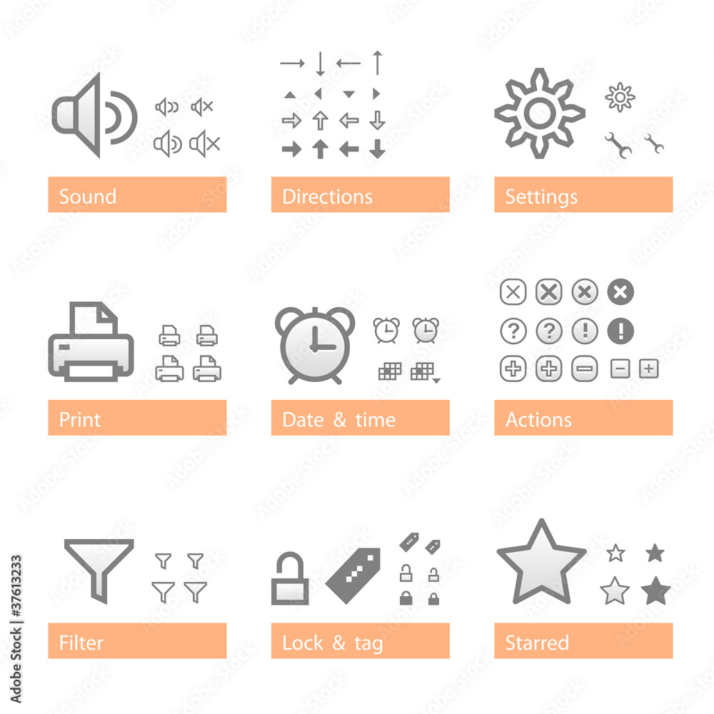 Poster universal software icon set. addition part