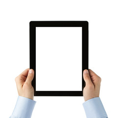 Human hands holding large digital tablet with clipping path