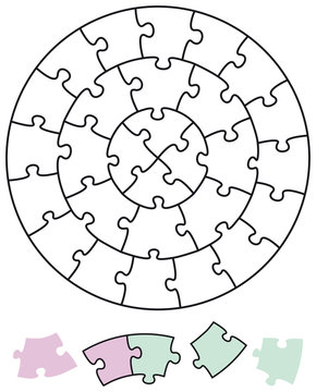 Jigsaw puzzle in the form of circles with single pieces which can be individually removed and arranged. Illustration on white background. Vector.