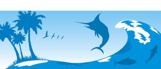 waves, marlin and tropical island - banner