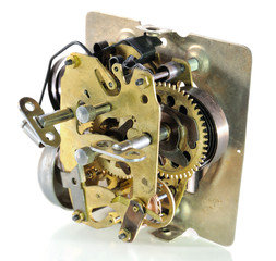 The mechanism of an old alarm clock