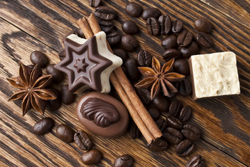 Chocolate,coffee, cinnamon and anise background