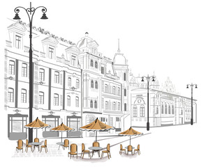 Series of street cafe in sketches