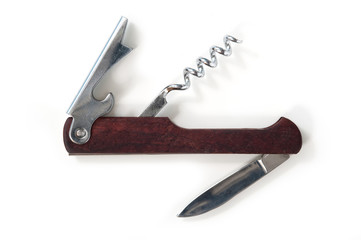 Wooden corkscrew isolated on white background.
