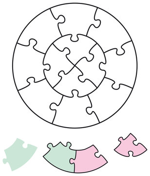Jigsaw puzzle in the form of two circles with single pieces which can be individually removed and arranged. Illustration on white background. Vector.