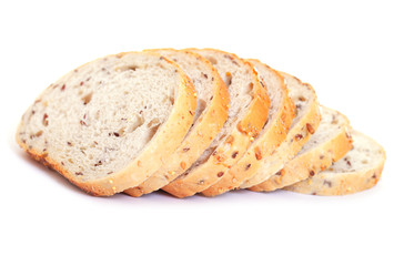 Sliced bread with seeds isolated on white.