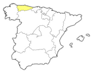Fototapeta na wymiar Map of Spain, Asturias highlighted
