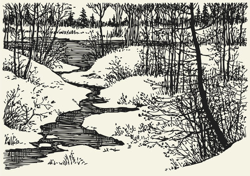 Vector winter landscape. The brook in the woods