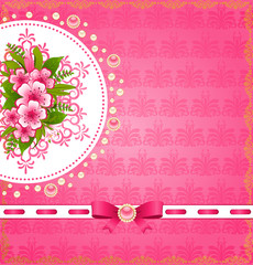 Flowers with lace ornaments on background.