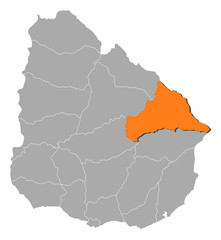 Map of Uruguay, Cerro Largo highlighted