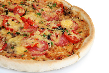 delicious pizza with sausage and vegetables isolated on white