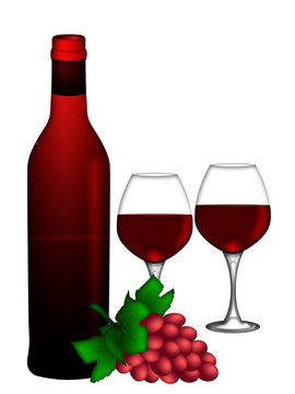 Red Wine Bottle and Two Glasses and Bunch of Grapes