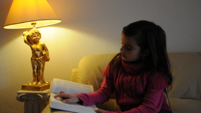 M&auml;dchen liest ein Buch auf dem Sofa