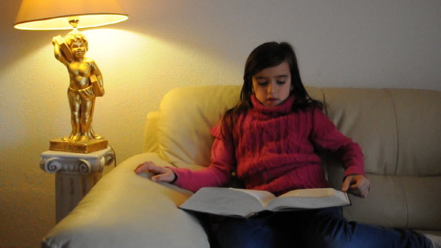 M&auml;dchen liest ein Buch auf dem Sofa