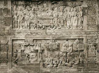 Detail of carved relief at Borobudur on Java, Indonesia.