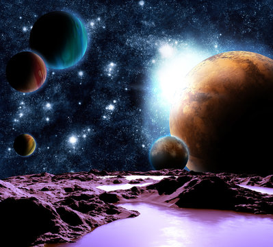 Fototapeta Abstract image of a planet with water. Find new sources and tech