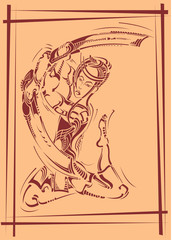 Fototapeta na wymiar decorative illustration with samurai and sword-butterfly