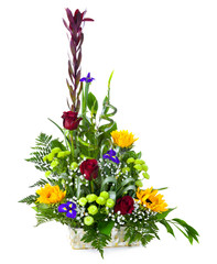 Bright flower bouquet in basket isolated over white background