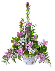 Bright flower bouquet in basket isolated over white background