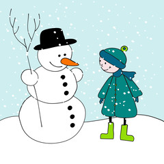 Cute snowman and boy illustration