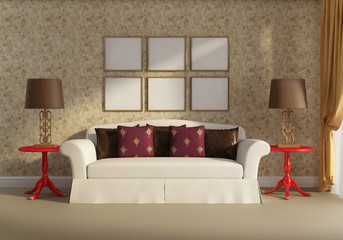 3d red Classic, antique, sofa with frames, lights, wallpaper